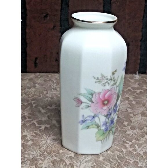 VINTAGE Fine China Bud Vase FLORAL Ivory Pink 6" MADE IN JAPAN Octagon gold trim - Picture 2 of 10